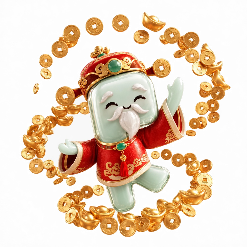 富贵财神跳起来，周围金钱与元宝环绕