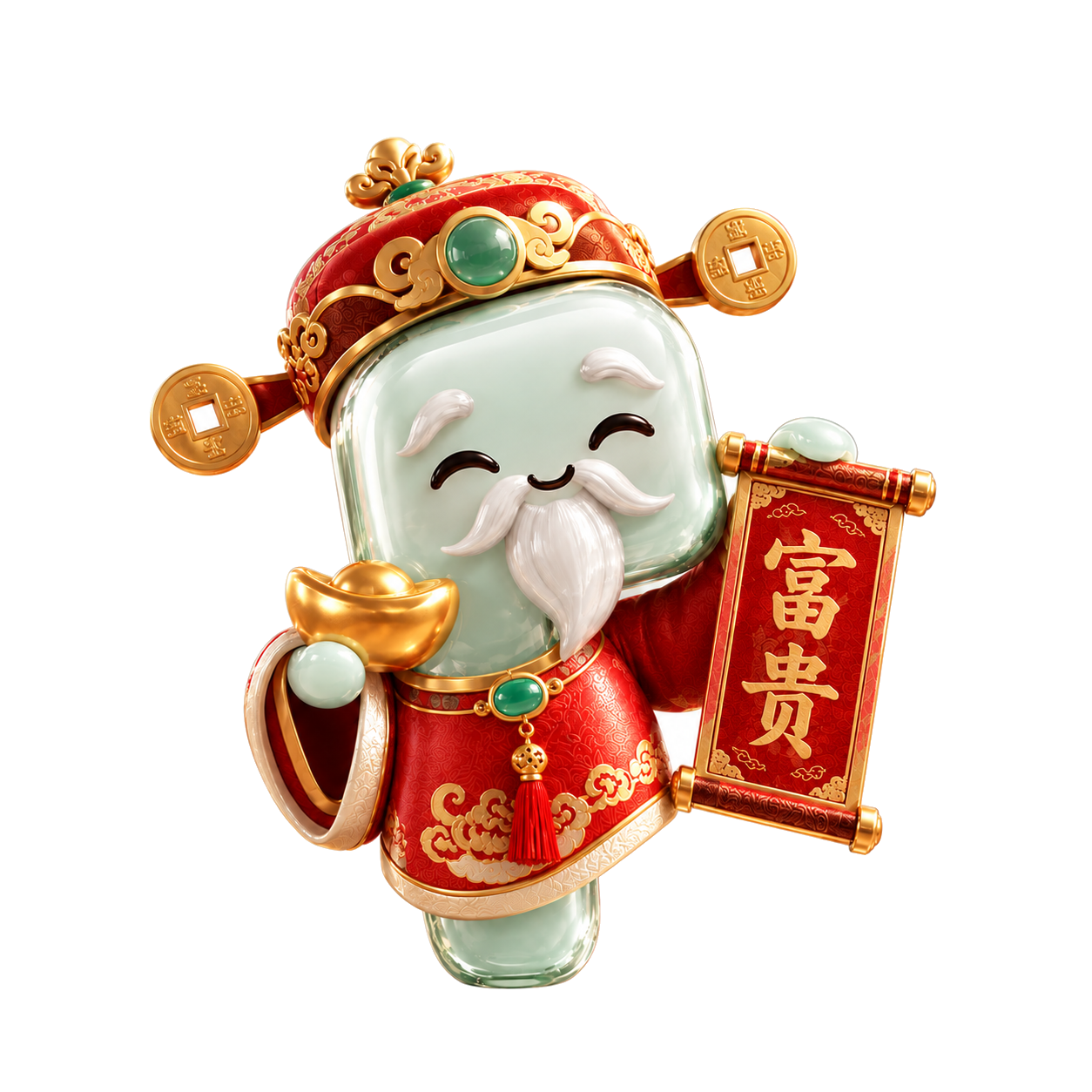 富贵财神：玉面笑脸，手持金元宝与红卷轴